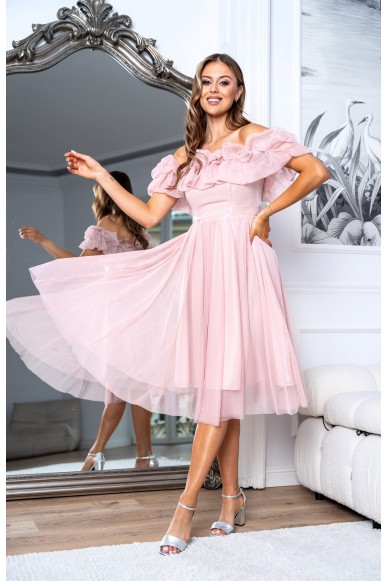 Sukienka BONITA midi hiszpanka tiulowa różowa