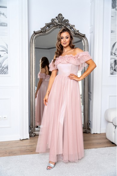 Sukienka BONITA maxi hiszpanka tiulowa różowa
